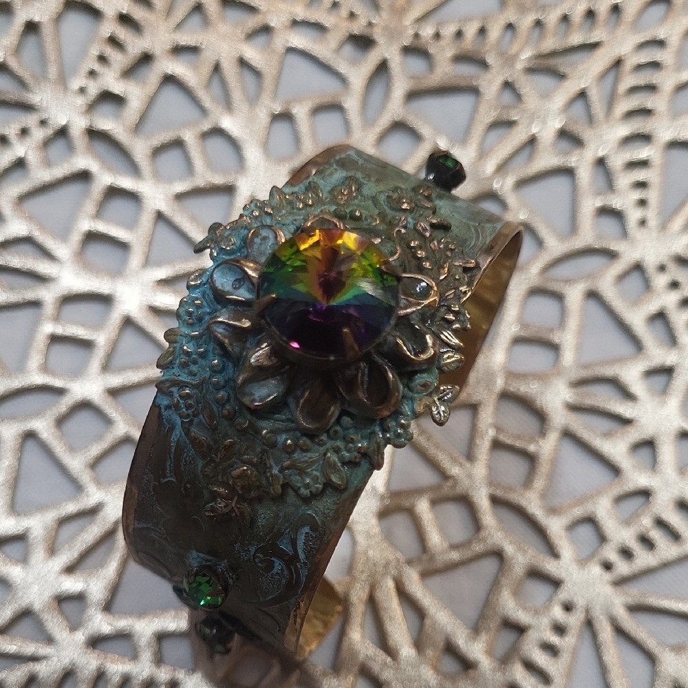 Elaine Coyne Patina Brass Cuff Bracelet w/ Multicolor Crystal Statement